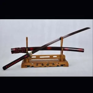 Black & Red Japanese Katana Sword with Damascus Oil-Quenched Full Tang Blade and Iron Koshira