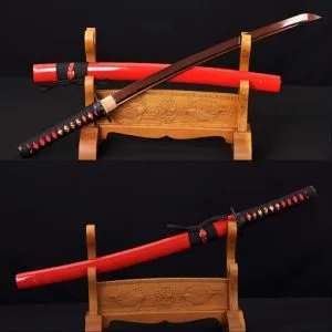 Artisan-Crafted Black and Red Damascus Oil-Quenched Full Tang Japanese Wakizashi Sword