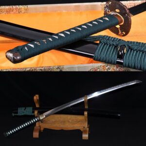 Japanese Samurai Katana Sword with Damascus Steel Clay Tempered Blade and Brass Hawk Koshirae