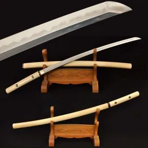 Folded Steel Shirasaya Katana with Japanese Clay Tempered Blade and Hard Natural Wood Saya