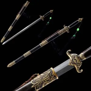 High Quality Chinese Jian Sword "Qing Jian" - Folded Pattern Steel Blade, Ebony Sheath, and Genuine Hamon