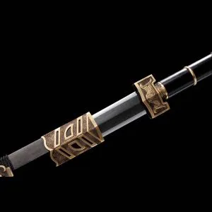 Chinese Jian Ruyi Pattern Sword Damascus Folded Steel Ebony Wood Sheath Full Tang Handmade