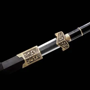 Handcrafted Jian Chinese Sword with Folded Steel Blade and Carved Dragon Brass Fittings
