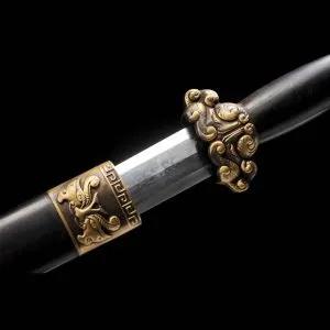 Chinese Short Jian Sword Yudi Jian Folded Pattern Steel Ebony Scabbard Pure Copper Fitting