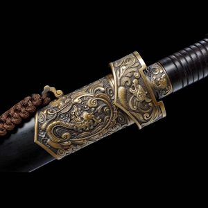 Dragon Phoenix on the sword: Antique Chinese Jian with Brass Metal Guard and 8-Side Folded Steel Blade