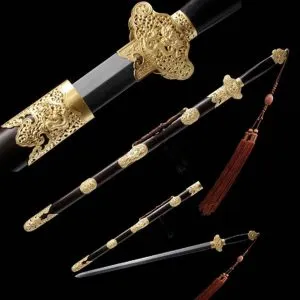 Chinese Dragon Jian Sword with Damascus Folded Pattern Steel Blade and Brass Mountings For Sale
