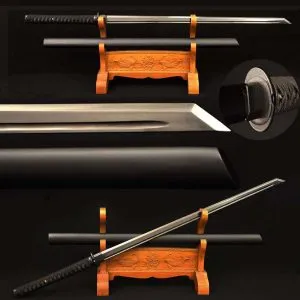 Japanese Ninjato: Samurai Sword with Full Tang, Black Carbon Steel Blade, and Kiriha Zukuri Design