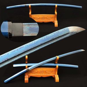 Handcrafted Blue Shirasaya Katana - Japanese Samurai Sword with Damascus Folded Steel
