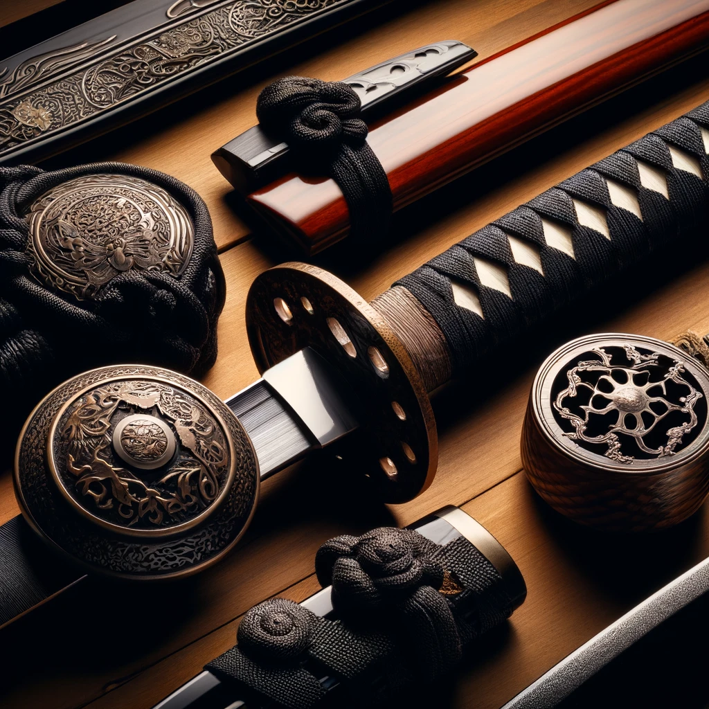 Crafting the Ultimate Katana : A Masterful Journey in Precision and Tradition 2 DALL·E 2024 04 29 08.25.37 A detailed display of traditional katana accessories arranged artistically on a wooden surface. The set includes a tsuba handguard with intricate me