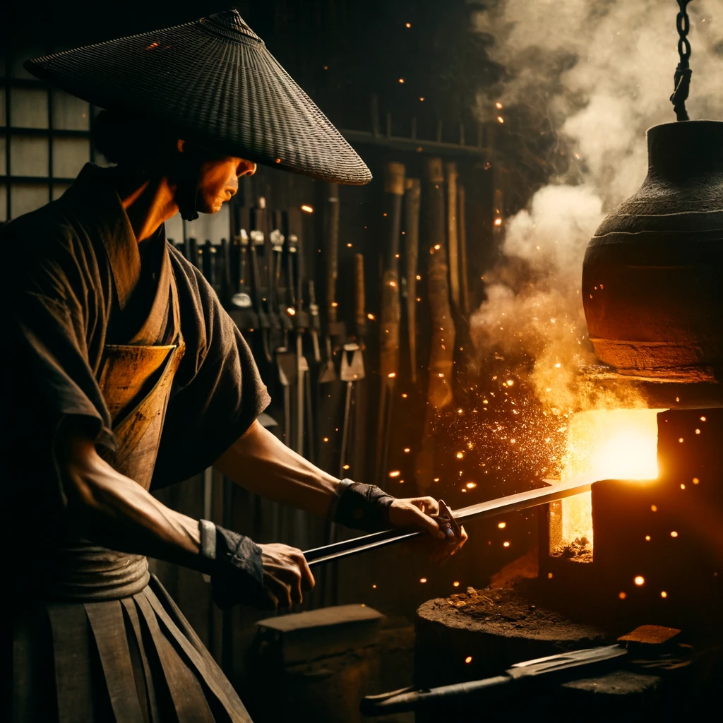 Japanese sword: The Art and Tradition of Japanese Swordsmithing 2 The scene captures the swordsmith heating a blade in a traditional