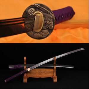 Handmade Warrior Katana - 40.9" Damascus Steel Blade with Purple Silk Wrap