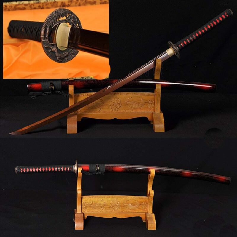 Handmade Japanese Katana – Black & Red Folded Steel Full Tang Blade with Tiger Design 2 Handmade Japanese Katana