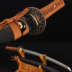 Handmade Japanese Katana – Black & Red Folded Steel Full Tang Blade with Tiger Design 3 Damascus Steel