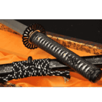 Black leather tsuka-ito wrapped handle with white ray skin on Japanese katana