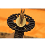 Wheel motif iron tsuba and brass habaki on handmade Damascus steel katana