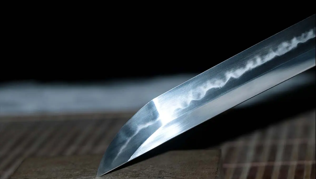 Close-up of real Japanese katana hamon pattern forged by Ab Sword.