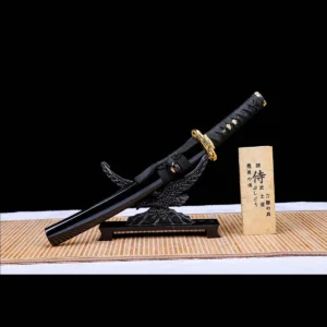 Hand-forged pattern steel tanto sword by Ab Sword with full-tang construction and black lacquered scabbard