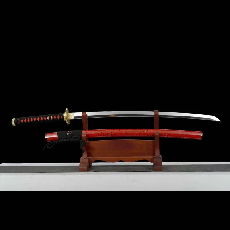Spring steel katana sword with red sakura design and brass tsuba by Ab Sword
