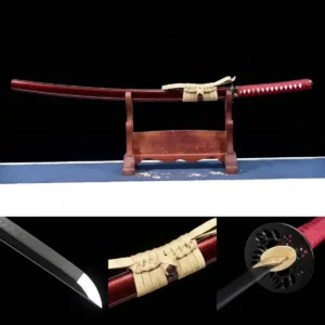 Sword Custom T10 clay tempered katana with black chrysanthemum tsuba and crimson lacquer saya