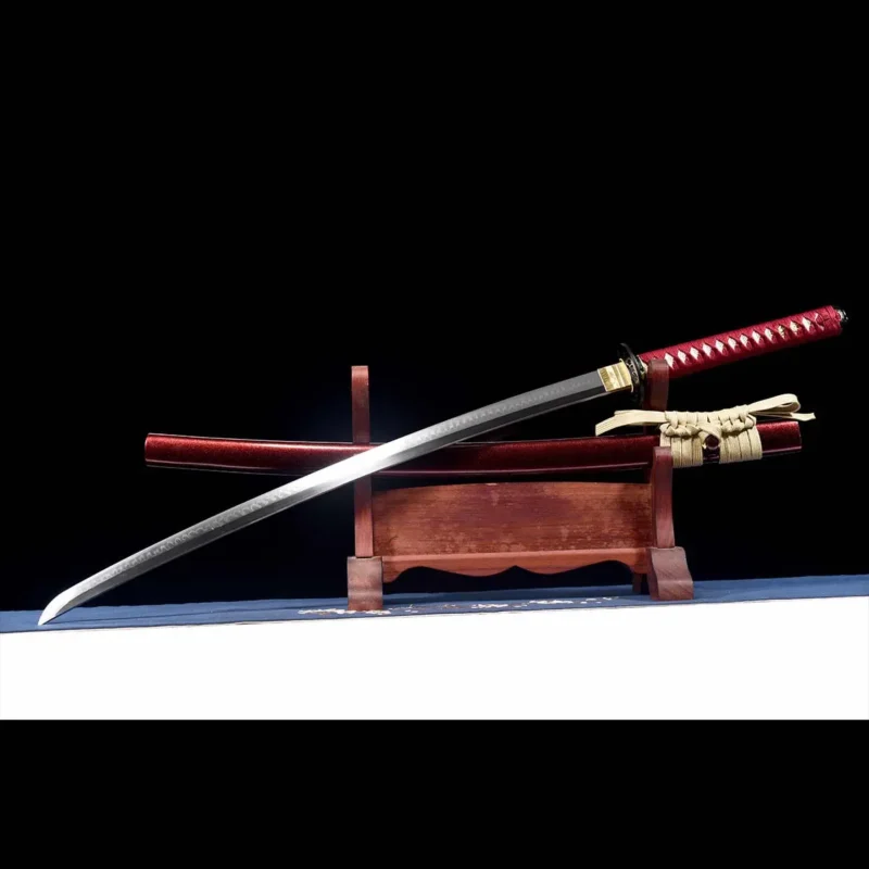 T10 katana real hamon blade 18-step polish crimson saya cream sageo warrior knot on katana stand