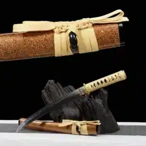 9 T10 Clay Tempered Tanto Japanese Short Sword with Gold Sand Lacquer Saya and Ivory Ito Handle