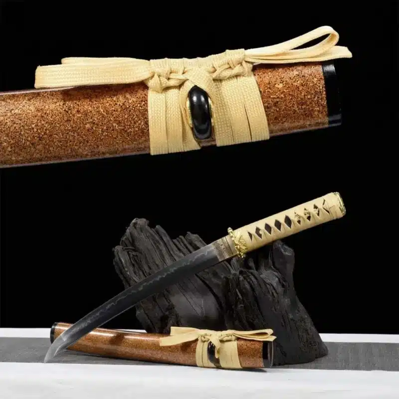 T10 Clay Tempered Tanto Japanese Short Sword with Gold Sand Lacquer Saya and Ivory Ito Handle