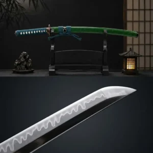 5 T10 Wakizashi Sheathed on Black Lacquer Stand — Green Gold Speckle Saya Japanese Zen Room Display