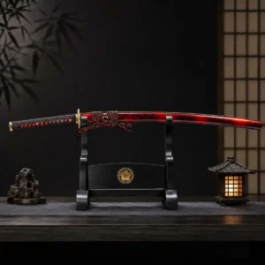 7 T10 Clay Tempered Katana Sheathed on Black Lacquer Stand — Red Speckle Saya Japanese Room Display